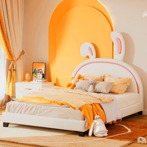 Brabrety Bonita cama tapizada de piel sintética de tamaño matrimonial con adorno de conejo y cabecero, para uso en la habitación de niños y niñas