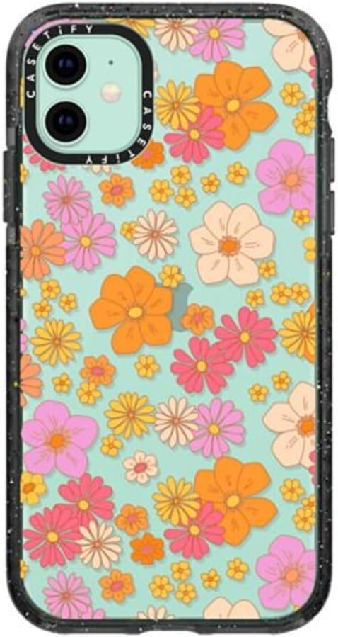CASETiFY Impact – Funda para iPhone 11, diseño retro bohemio de flores hippie (6070 con diseño floral sobre fondo transparente), color negro