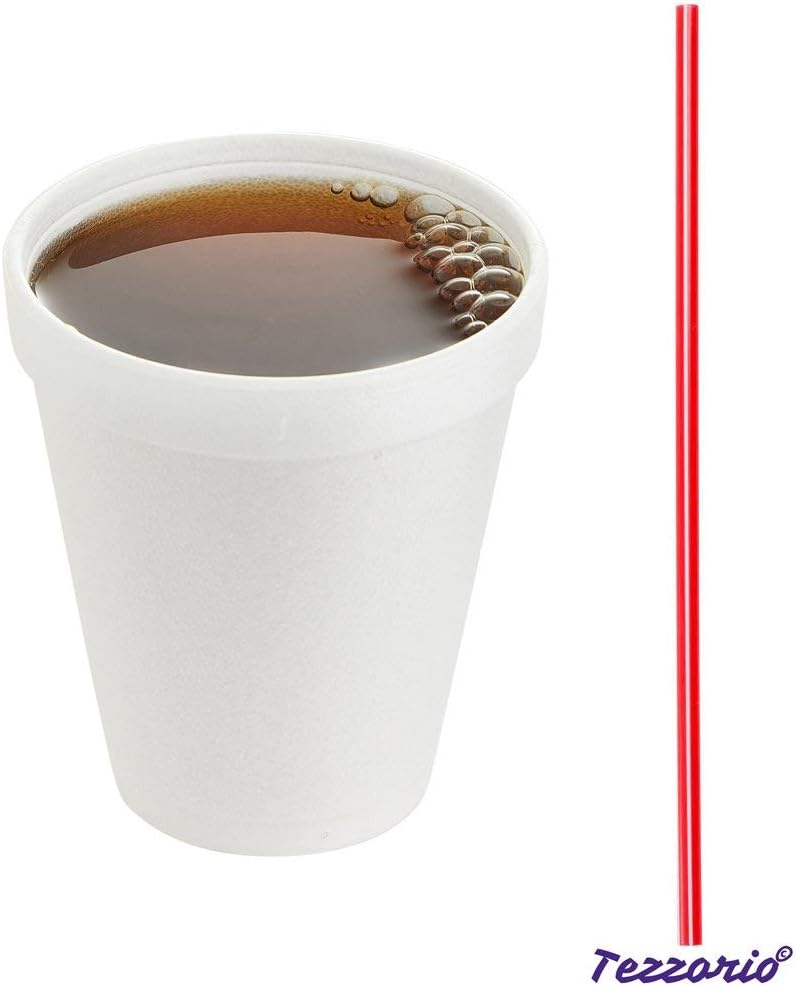 Tezzorio (100 juegos) Vasos de espuma blanca de 8 onzas con tapas Lift’n’Lock y agitadores, vasos de espuma desechables, tazas de café para llevar,