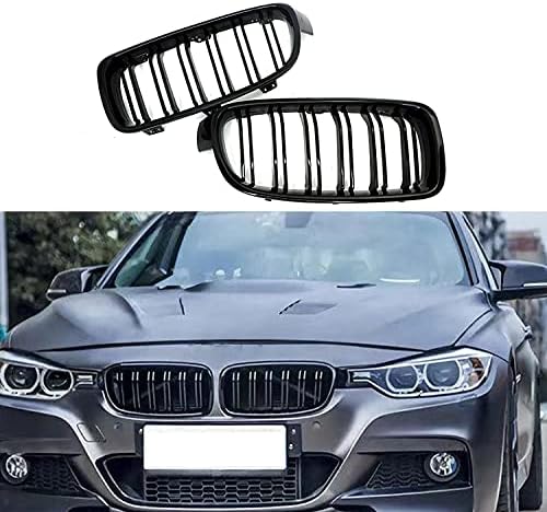 Parrilla de riñón frontal ABS F30 F31 F35, compatible con BMW Serie 3 2012-2018 (juego de 2 piezas de rejillas negras brillantes de doble listón)
