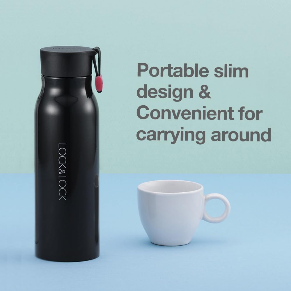 LocknLock – Vaso térmico de acero inoxidable de doble pared aislado al vacío de 12 onzas, sin BPA, con tapa y asa a prueba de fugas, color negro,
