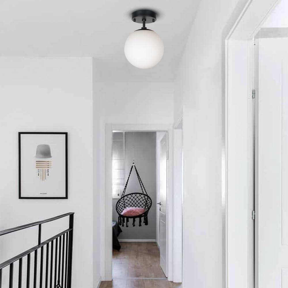 Beuhouz – Lámpara de techo semiempotrada con forma de globo, de metal negro de mediados de siglo, con pantalla redonda de vidrio blanco, 1 luz E26