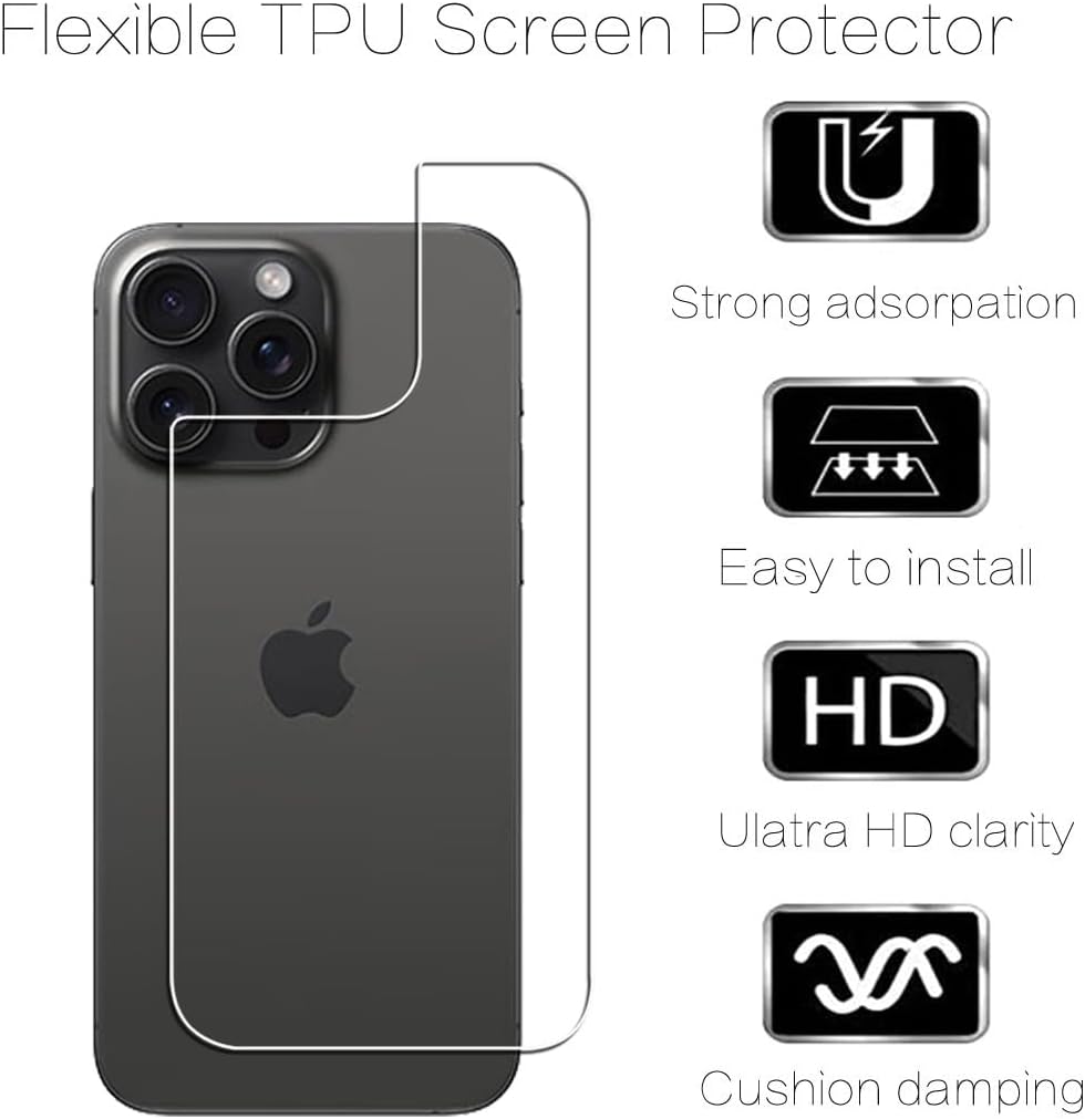 Protector de pantalla compatible con iPhone 15 Pro Max, 2 protectores de espalda + 2 protectores de lente de cámara, vidrio Ultra HD, antiarañazos,