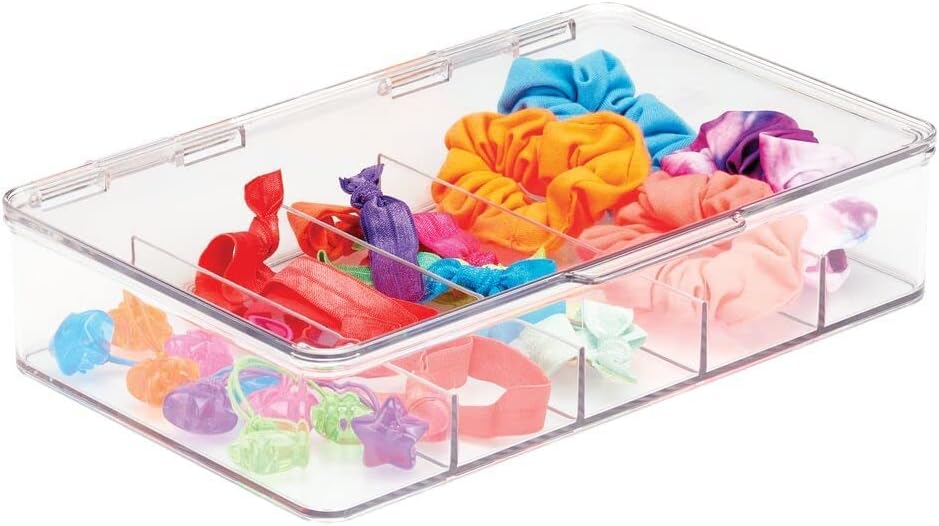 mDesign Caja organizadora apilable de plástico dividida para cabello, maquillaje y joyas con tapa de bisagra para encimera de tocador de baño, 5
