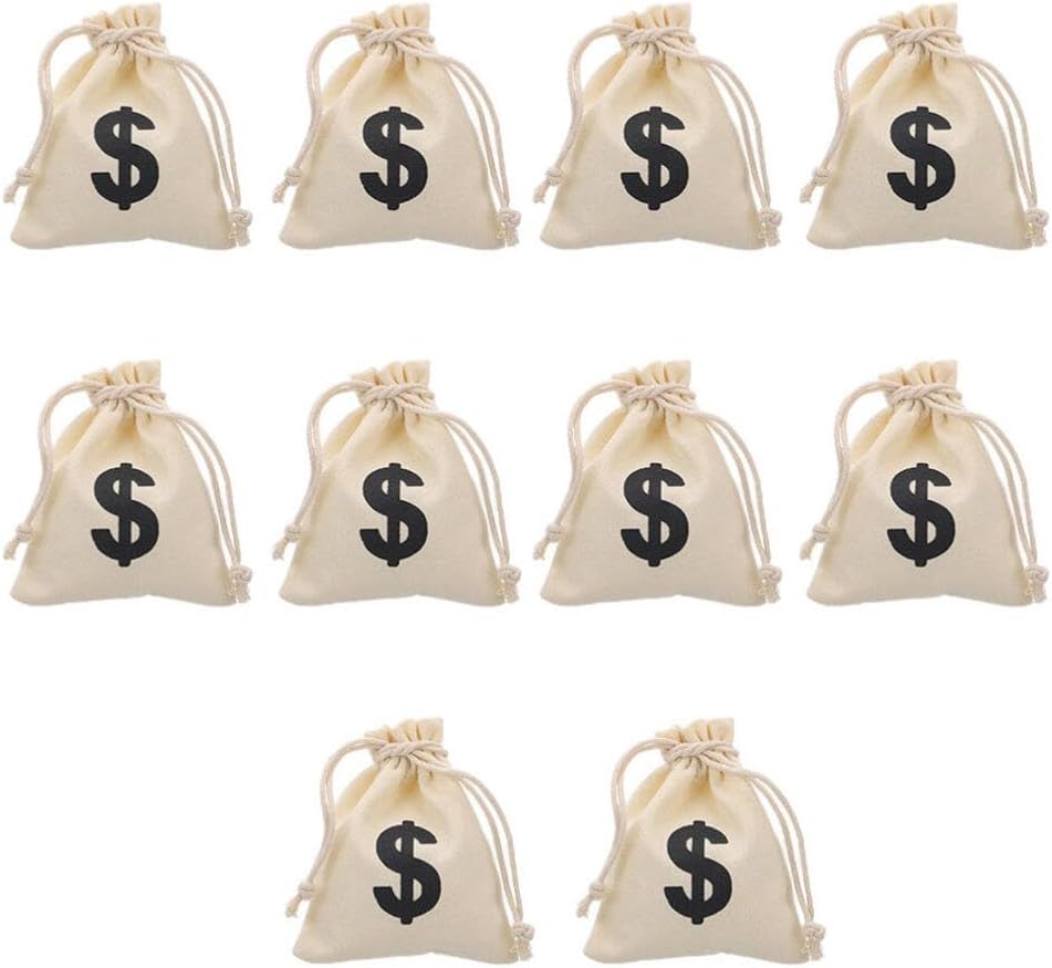 10 bolsas de dinero de lona para fiestas, bolsa de dinero con cordón, bolsa de dinero para disfraces con símbolo de signo, accesorios de fiesta
