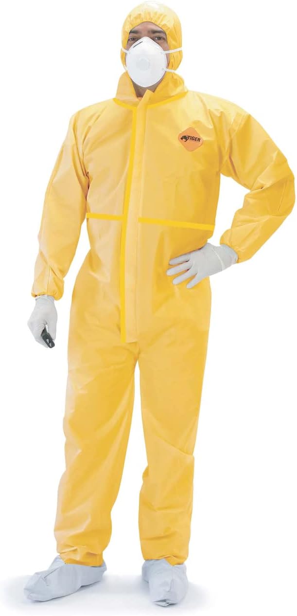 Tiger Tough – Overol de protección química resistente  Trajes de materiales peligrosos con capucha y cremallera  Traje químico amarillo duradero