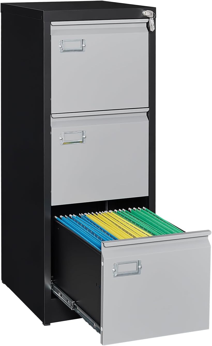 Archivador de 3 cajones, archivadores para oficina en casa, gabinete de almacenamiento vertical de metal con cerradura, archivador de bloqueo para