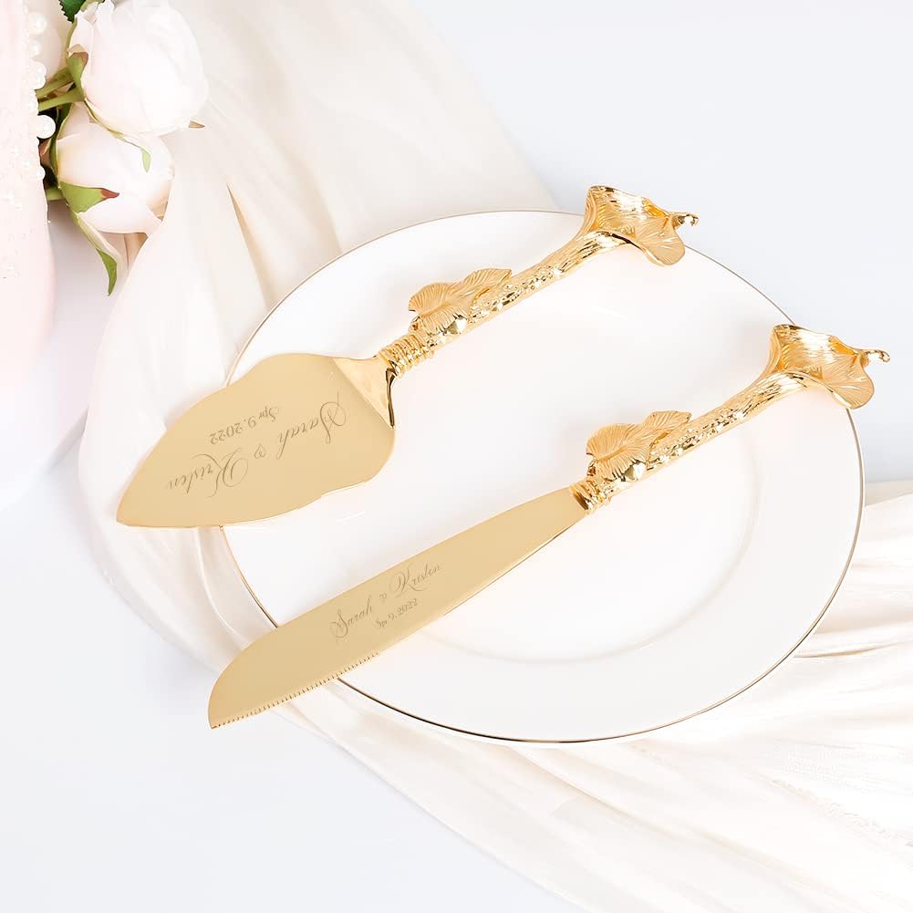 Juego de corte de pasteles para boda, juego de cuchillos y servidores dorados personalizados, juego de servir pastel de pastelería grabado, cortador