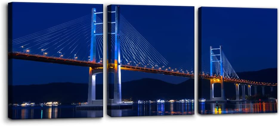 Pacimo 3 piezas de arte de pared en lienzo de paisaje urbano, imágenes impresas en lienzo con luz de neón y vista de puente de puerta dorada,
