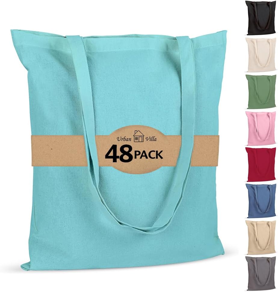 Urban Villa Paquete de 48 bolsas de comestibles reutilizables de 15 x 16 pulgadas con mango largo de 27 pulgadas, color aguamarina, 100% algodón,