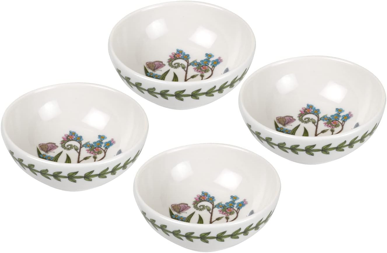 Portmeirion Botanic Garden – Tazón bajo pequeño de 3.75 pulgadas (juego de 4), diseño de “Forget-Me-Not”, porcelana fina, resistente a las astillas,