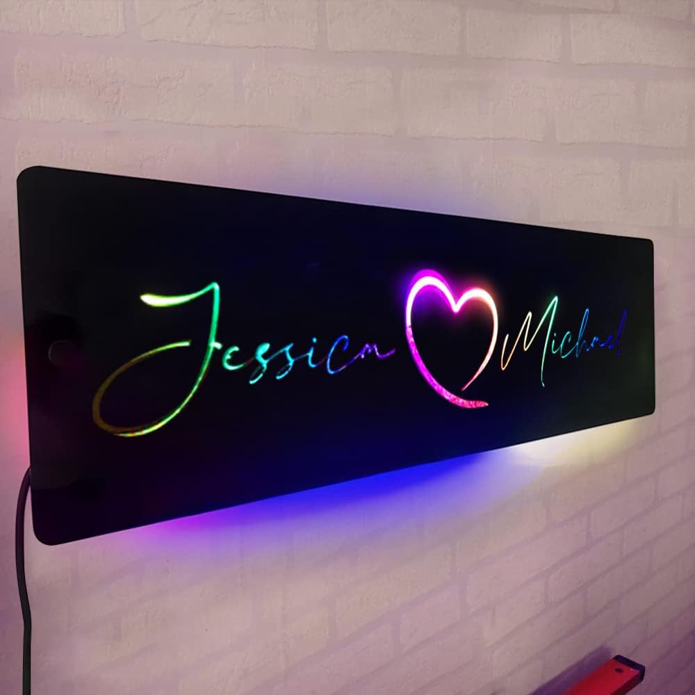 Luz nocturna personalizada con nombre de pareja colorido con nombre LED, 2 nombres, luces de neón, letrero de nombre para colgar en la pared, espejo