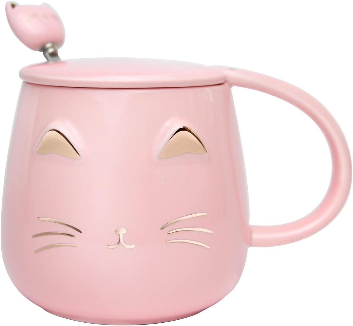 Taza de café con diseño de gato, regalo para los amantes de los gatos, taza de cerámica, taza novedosa con tapa y cuchara de acero inoxidable,