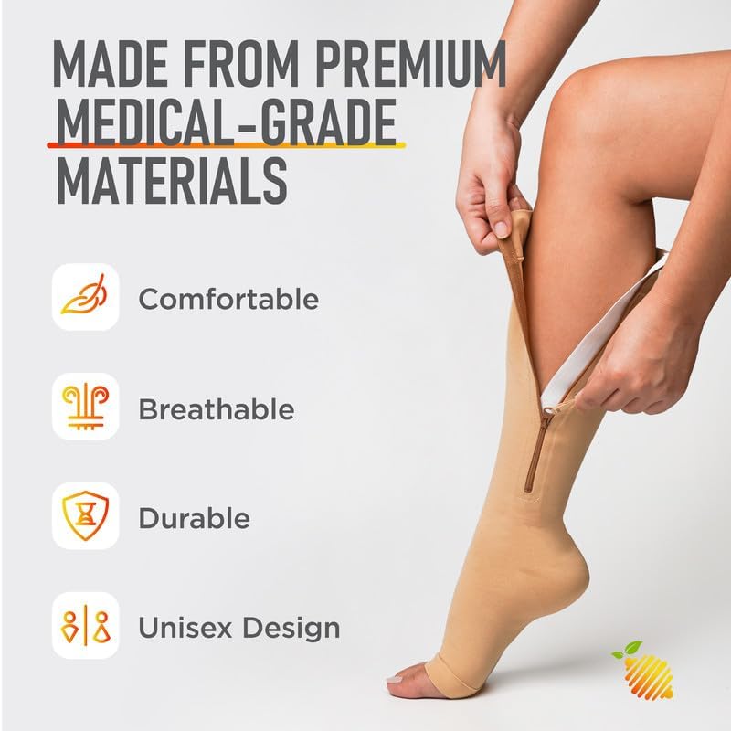 Calcetines de compresión médicos con cremallera, puntera abierta, 20-30 mmHg, medias de compresión para venas varicosas con protector de cremallera