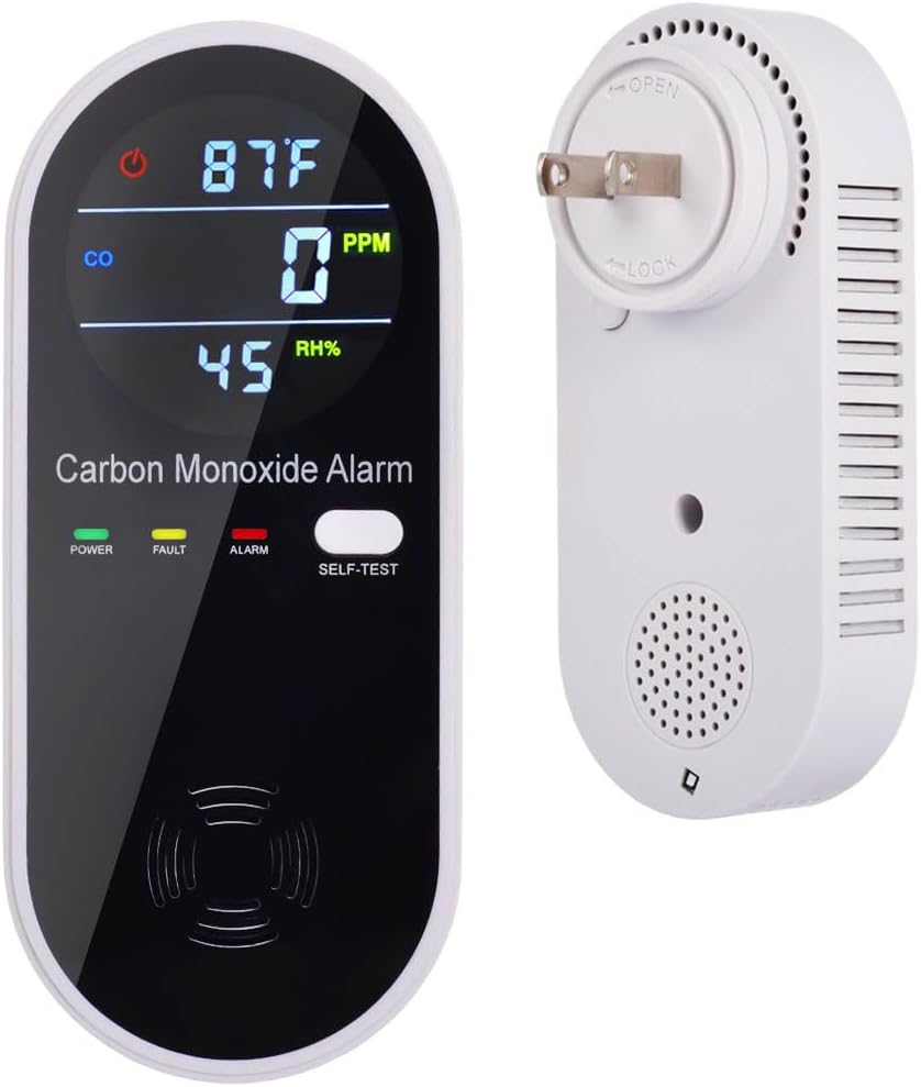 KH Alert Detectores de monóxido de carbono, detector de monóxido de carbono enchufable con sensor de temperatura y humedad integrado, alarma de