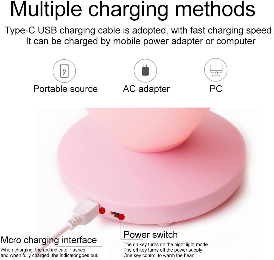 Luz nocturna en forma de corazón, bonita lámpara, lámpara de noche recargable por USB, 3 engranajes, luces portátiles de silicona de corazón, regalo