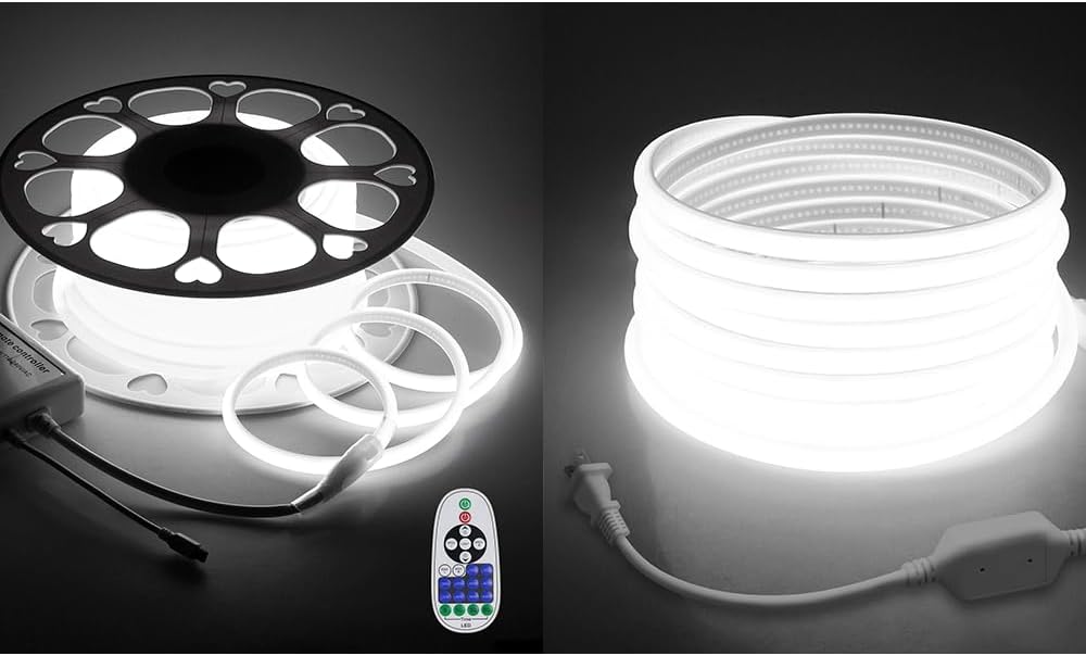 Samsion AC 110V  120V COB Tira de luces LED 100FT30M Blanco Led Cuerda+Luces de cuerda de neón Luz diurna Blanca 16.4FT Tira de luz de neón flexible