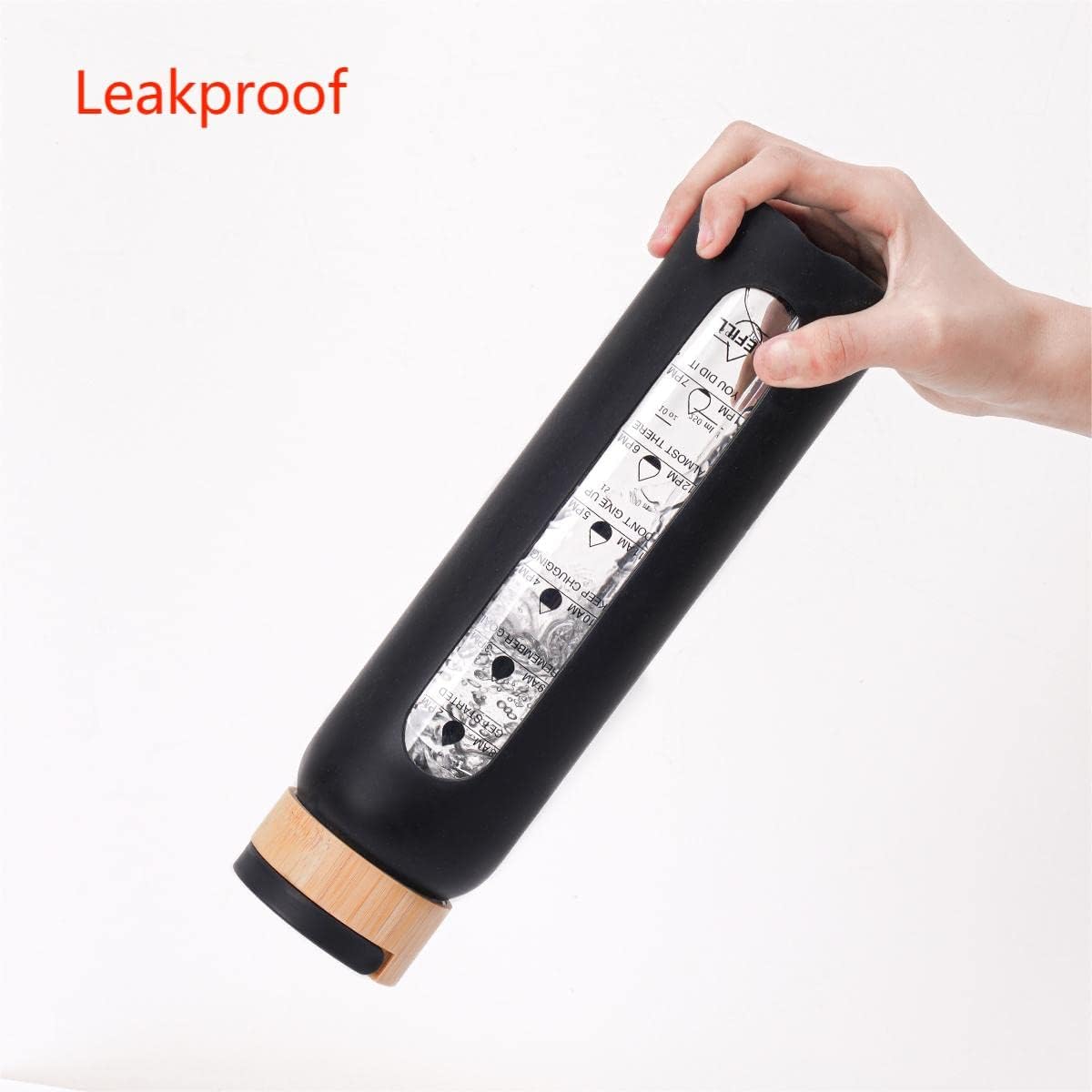 Botella de agua de vidrio de 32 onzas con funda de silicona, tapa de bambú, boca ancha, botella de agua motivacional con marcador de tiempo, popote