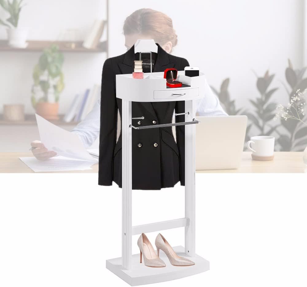 Soporte de valet de madera para trajes, soporte de valet de madera, perchero de pie para ropa de pie con colgador de ropa y riel para pantalones