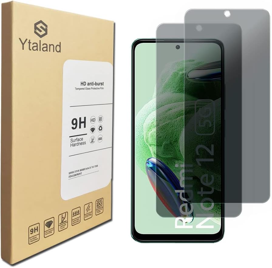 Ytaland – Protector de pantalla de privacidad para Xiaomi Redmi Note 12, 2 unidades Anti Spy Anti Peep sin burbujas, cubierta de película de vidrio