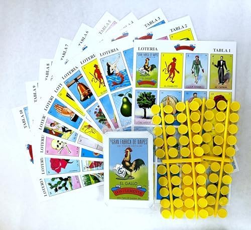 Juego de 10 tabletas de bingo mexicano y naipes gigantes españoles (combinado), tarjeta de lotería mexicana para 10 jugadores, 10 bardos y baraja