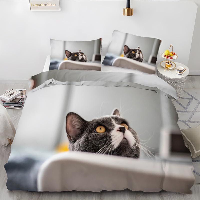 Light Gray Short Hair Cat King Duvet Cover Animal Print King Bedding Set Soft Microfiber Comforter Cover and 2 Pillow Shams 20″X36″, Bed Set Duvet