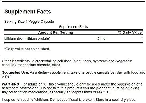 Swanson Orotato de litio antioxidante estado de ánimo bienestar emocional comportamiento suplemento de apoyo de memoria 5 mg 60 cápsulas vegetales