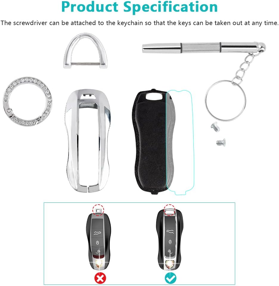 PIFOOG Accesorios para Porsche 911 Cayenne Taycan Panamera Bling Key Fob Cover Smart Remote Key Shell Case Protector Crystal Zinc Alloy Silver 1 PC