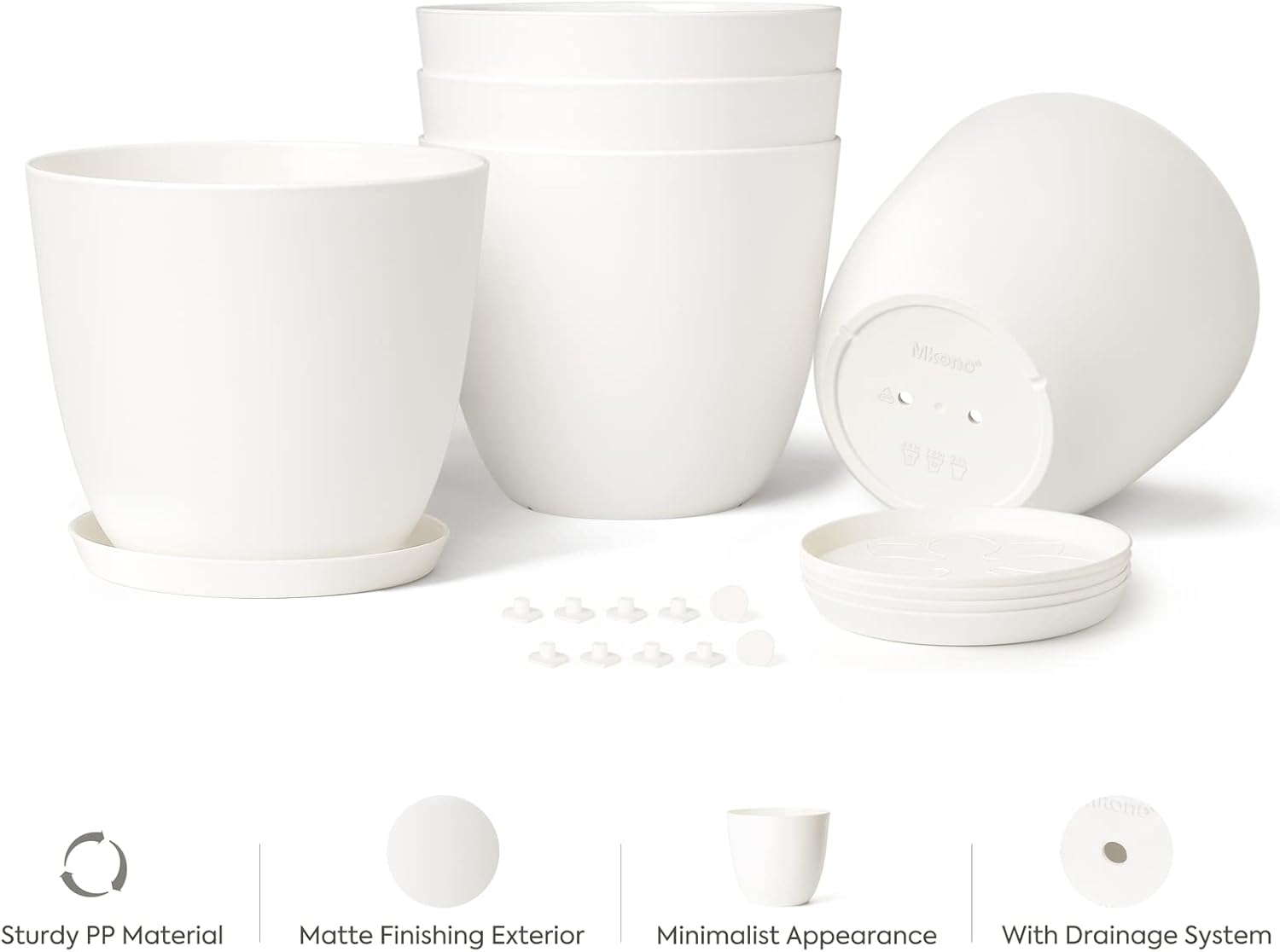 Mkono – Juego de 5 maceteros de plástico para interiores, decorativos y modernos para jardinería con orificio de drenaje y bandeja para todas las