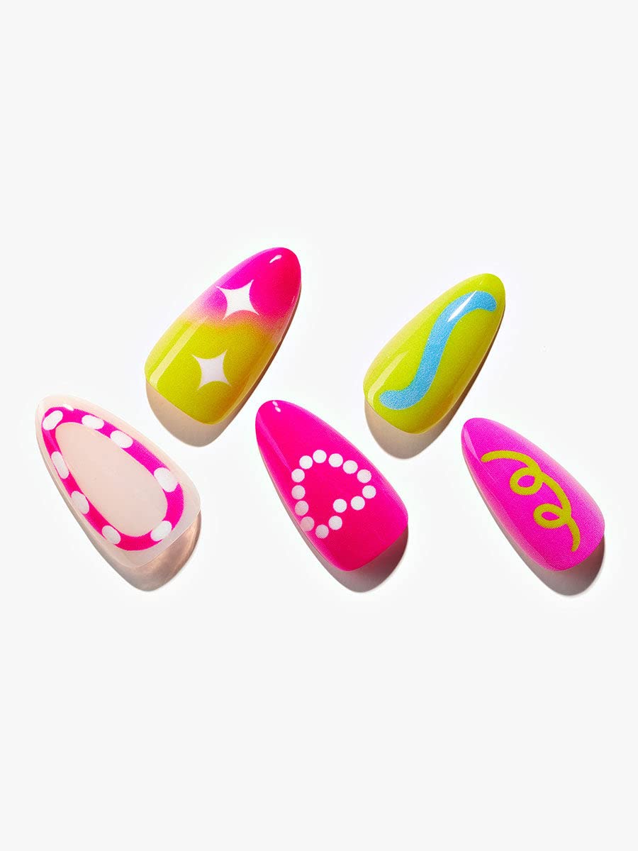 GLAMERMAID – Uñas postizas cortas a presión, color rosa intenso, almendra mediana, pegamento en las uñas, uñas postizas, uñas postizas acrílicas,