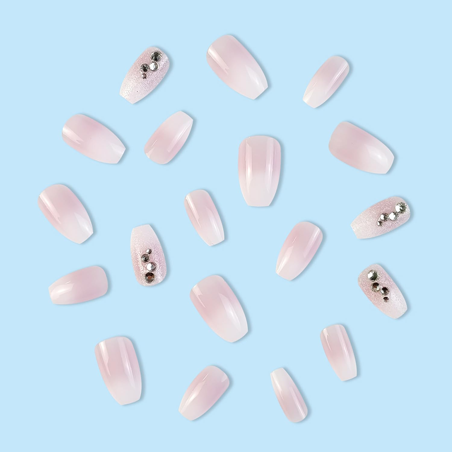 Uñas postizas medianas a presión, uñas postizas acrílicas de ataúd con diseño de brillantina, uñas con pegamento de diamantes de imitación,