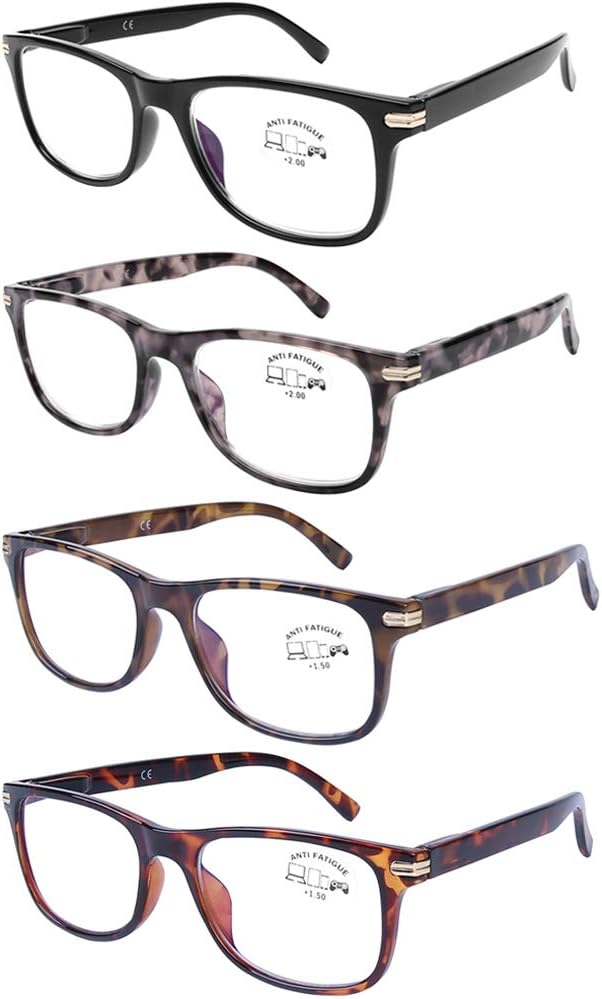 DOOViC Gafas de lectura, paquete de 4 unidades, bloqueo de luz azul, bisagra de resorte, a la moda, clásicos, lectores de computadora para mujeres y