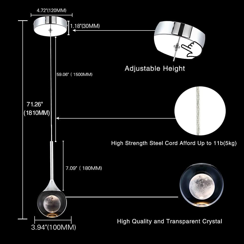Lámpara colgante de cristal, moderna lámpara colgante de luna, 5 W, 1 luz, mini iluminación colgante para cocina, isla, dormitorio, sala de estar,