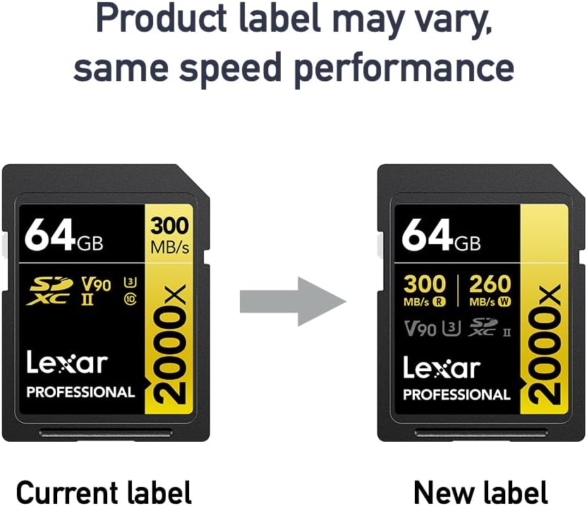 Lexar Tarjeta de memoria SDXC profesional de 64 GB, 2000x, UHS-II, C10, U3, V90, video Full-HD y 8K, lectura de hasta 300 MBs, para cámaras DSLR,