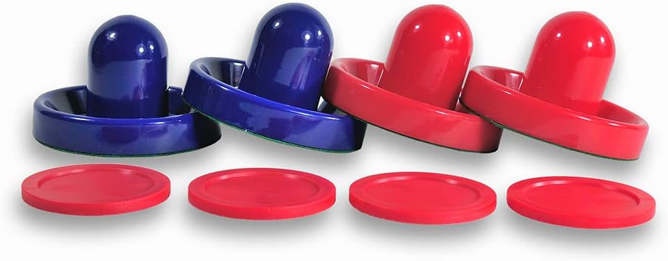 Empujadores de hockey de aire de dos colores y discos de hockey de aire rojo, asas de portería, remos de repuesto para mesas de juego (4 Striker, 4