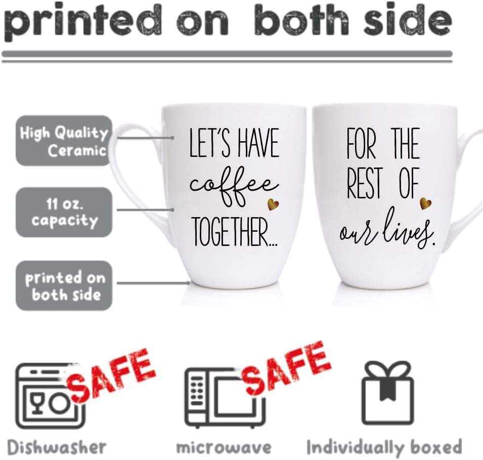 Juego de 2 tazas de café para parejas, con texto en inglés Let’s Have Coffee Together for the Rest of Our Lives, regalos para señor y señora, regalo
