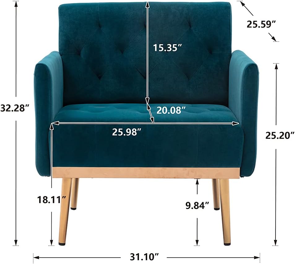 Silla sofá individual moderna de terciopelo, silla de decoración tapizada para la sala de estar, sillón cómodo con patas de metal dorado y rosa,