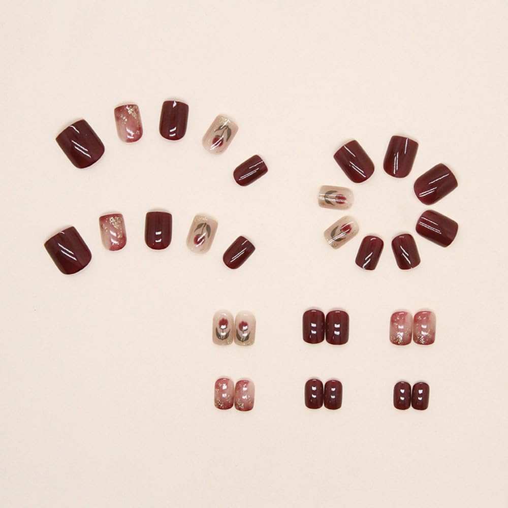 Uñas postizas cuadradas cortas a presión, color rojo vino, lindas uñas postizas a presión con lámina dorada con purpurina, diseño de flores, uñas
