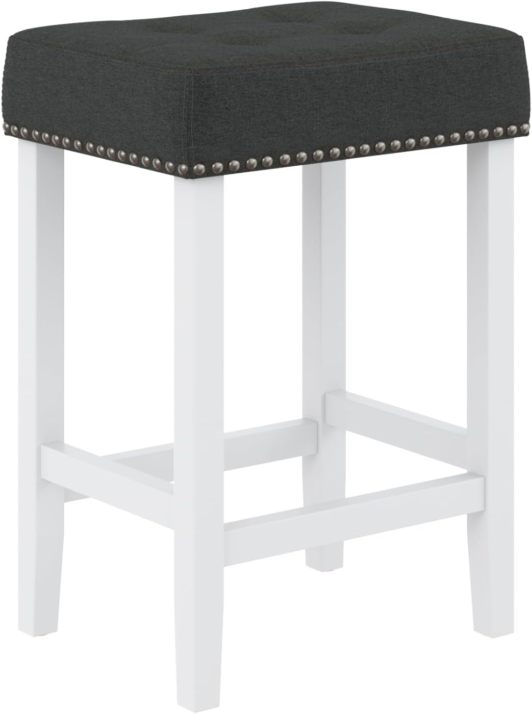 Nathan James Hylie Juego de 2 taburetes de madera para cubierta de cocina, altura de pub, 24 pulgadas, tupido, con tachuelas de tapicería, grisblanco