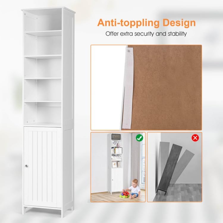 Safeplus Gabinete de almacenamiento de baño de 72 pulgadas de alto, organizador de torre independiente con estantes ajustables y puerta (blanco)