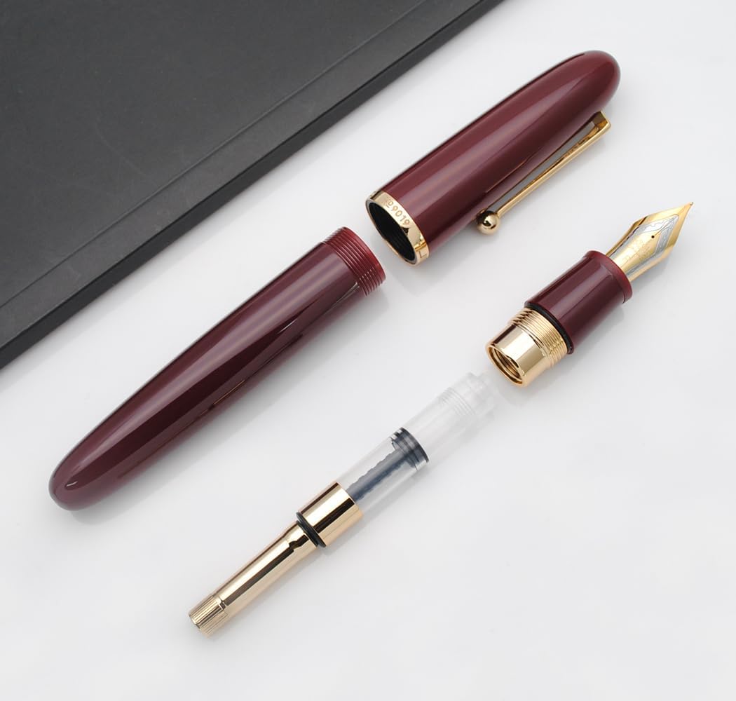 JINHAO 9019 – Pluma estilográfica Dadao Series con convertidor de tinta de alta capacidad (color rojo vino, punta fina de 0.020 in)