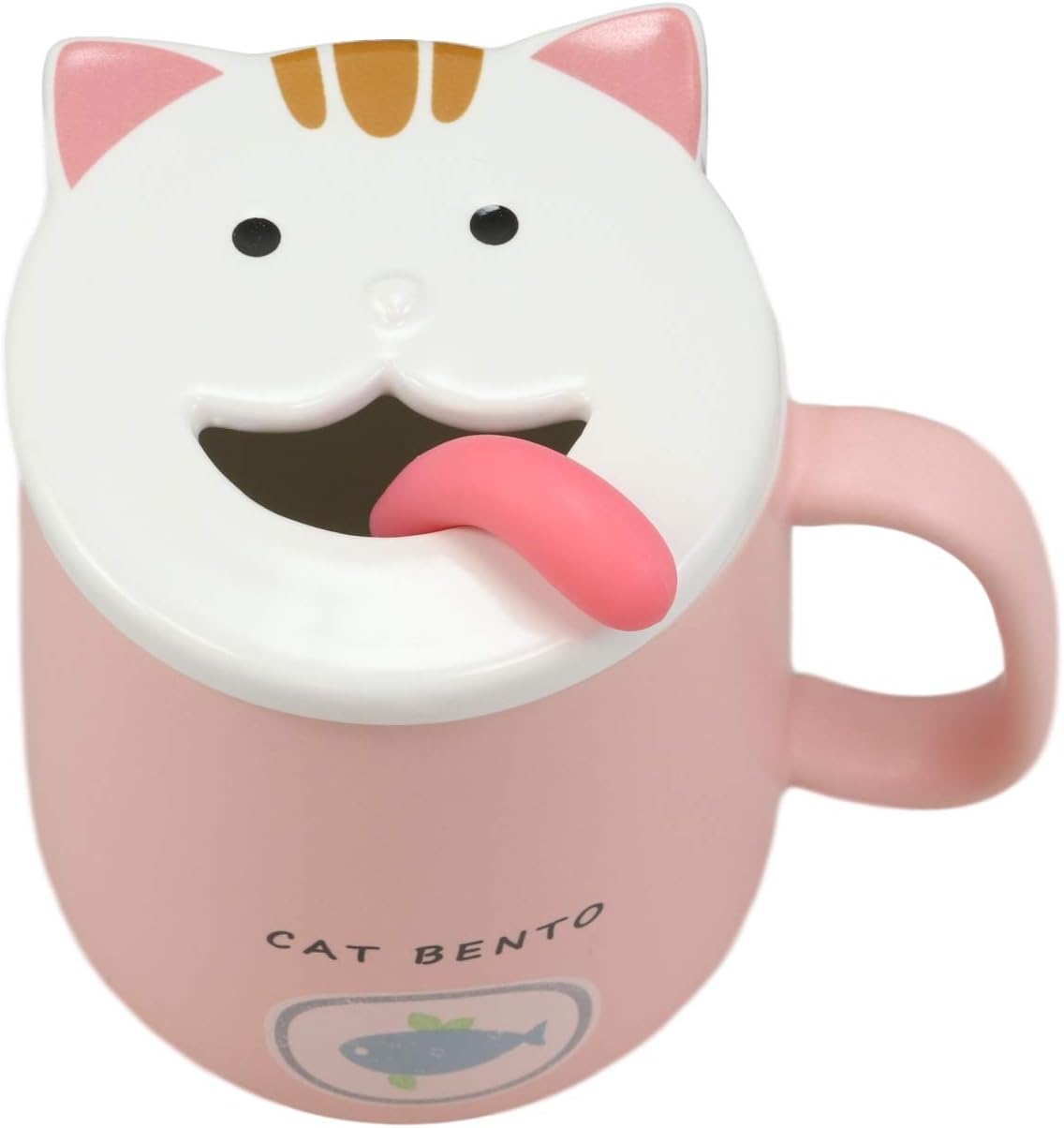 Ebros – Taza de café de porcelana con mango en forma de lengua, cuchara y tapa de cara sonriente, taza de café o té de porcelana, 14 onzas, para