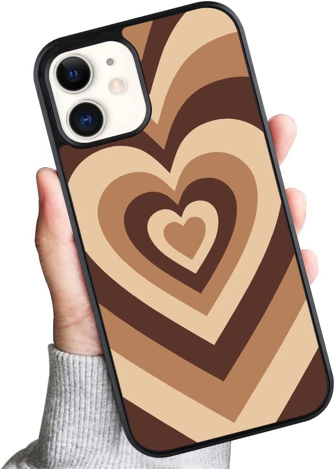 OOK Funda rígida para iPhone 12, iPhone 12 Pro, protección de absorción de golpes, con diseño de corazón marrón, banda de rodadura antideslizante,