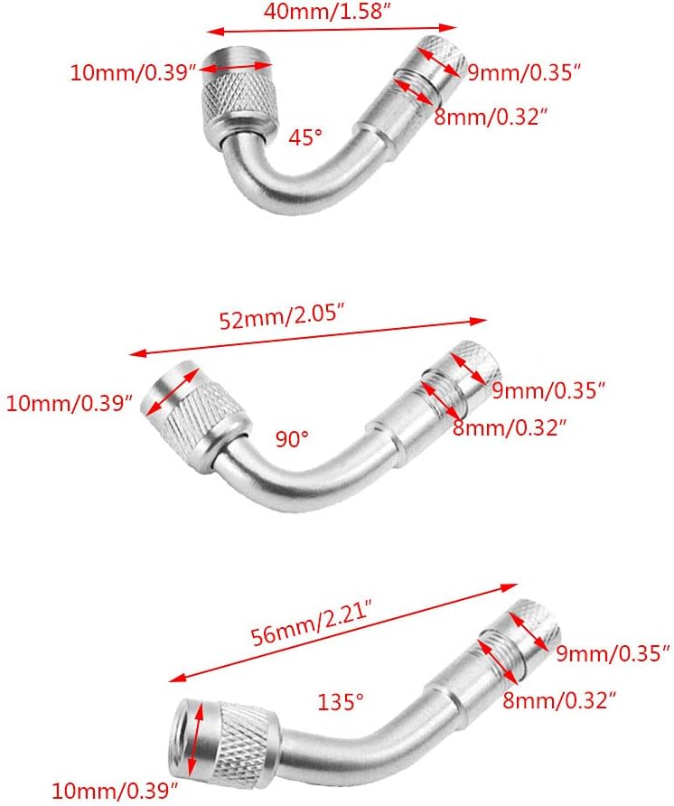 Paquete de 6 extensores de vástago de válvula, extensión de válvula de neumático de 45 grados, 90 grados, 135 grados, compatible con ruedas duales,