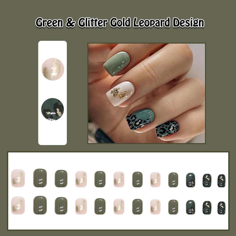 Uñas postizas a presión verdes, cuadradas, cortas, medianas, rosas, para mujeres, con diseño de leopardo dorado con purpurina, uñas postizas