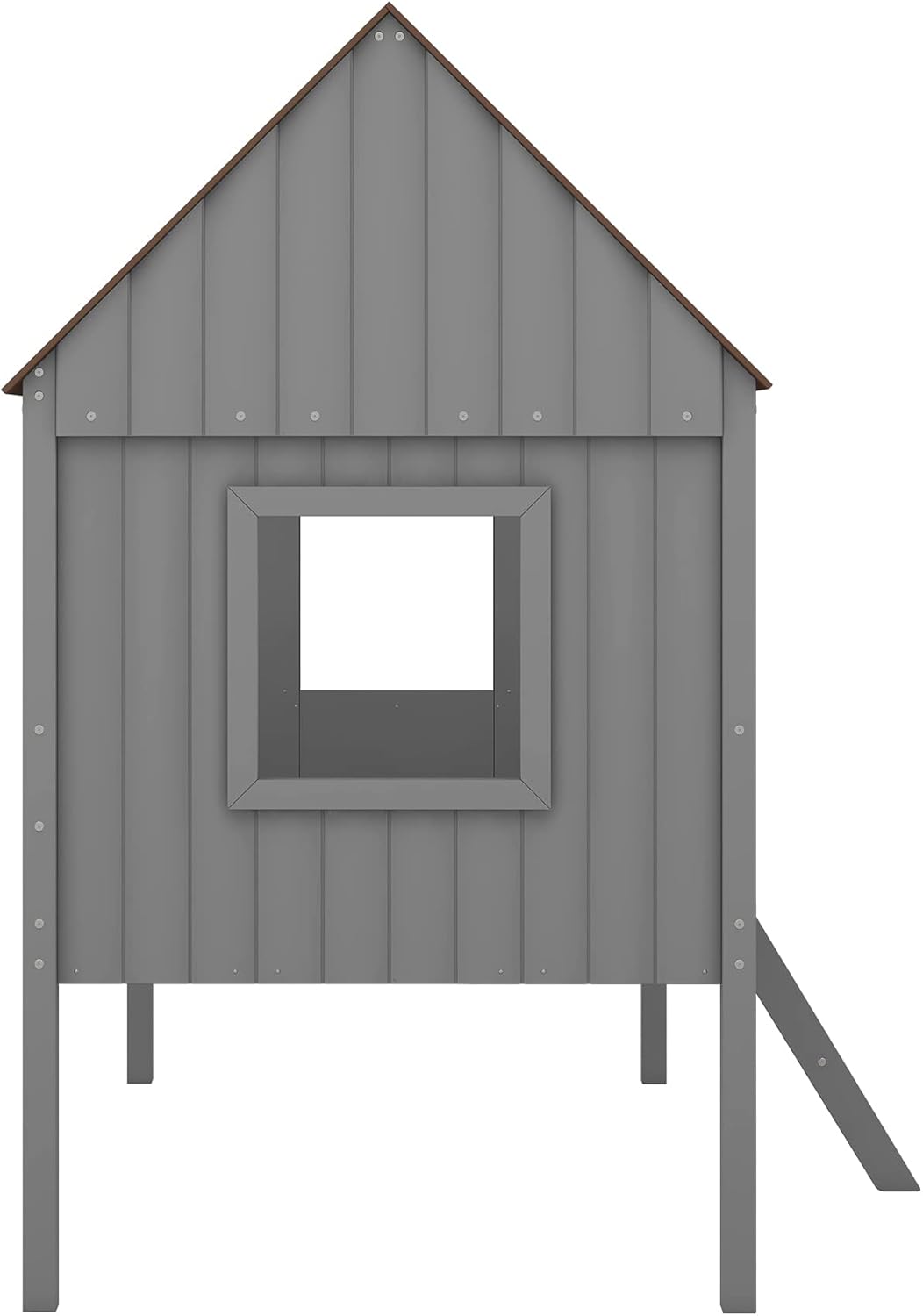 Cama individual para niños, marco de cama baja de madera con ventanas y techo, fácil montaje, para niñas y niños (gris + marrón)