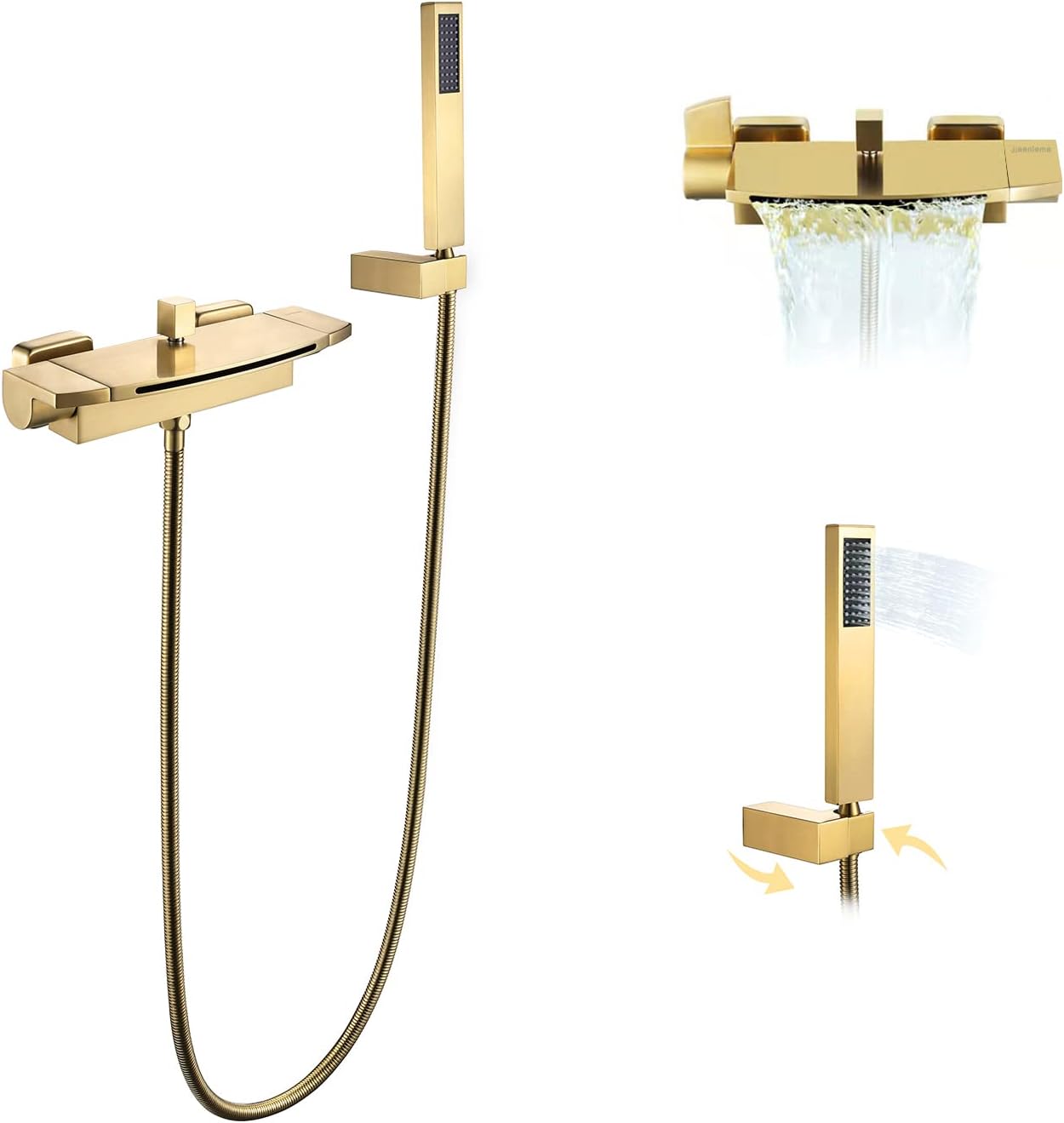 Grifo de bañera en cascada de montaje en pared con ducha de mano, relleno de bañera de oro cepillado de 2 asas, grifo de pared de latón con