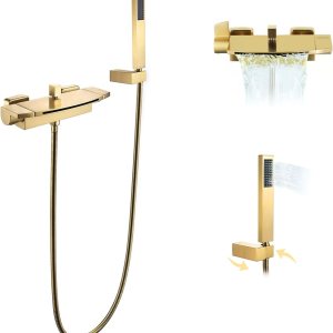Grifo de bañera en cascada de montaje en pared con ducha de mano, relleno de bañera de oro cepillado de 2 asas, grifo de pared de latón con Grifo de bañera en cascada de montaje en pared con ducha de mano, relleno de bañera de oro cepillado de 2 asas, grifo de pared de latón con