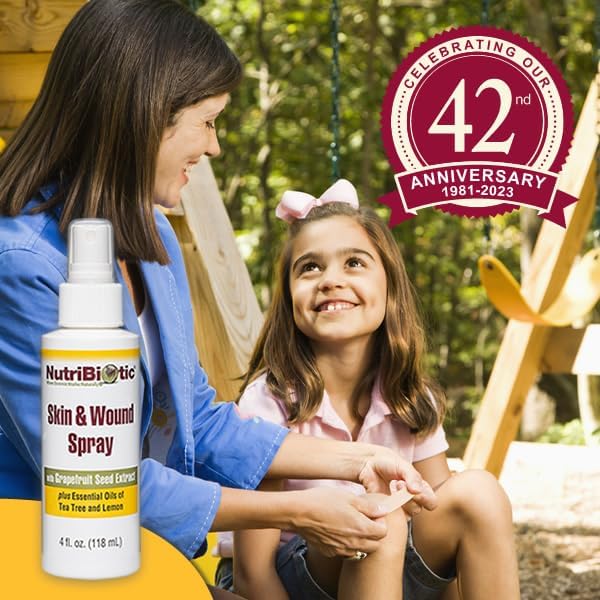 NutriBiotic Spray para piel y heridas con GSE, 4 onzas líquidas, extracto de semilla de pomelo más aceites esenciales de árbol de té y limón, ayuda