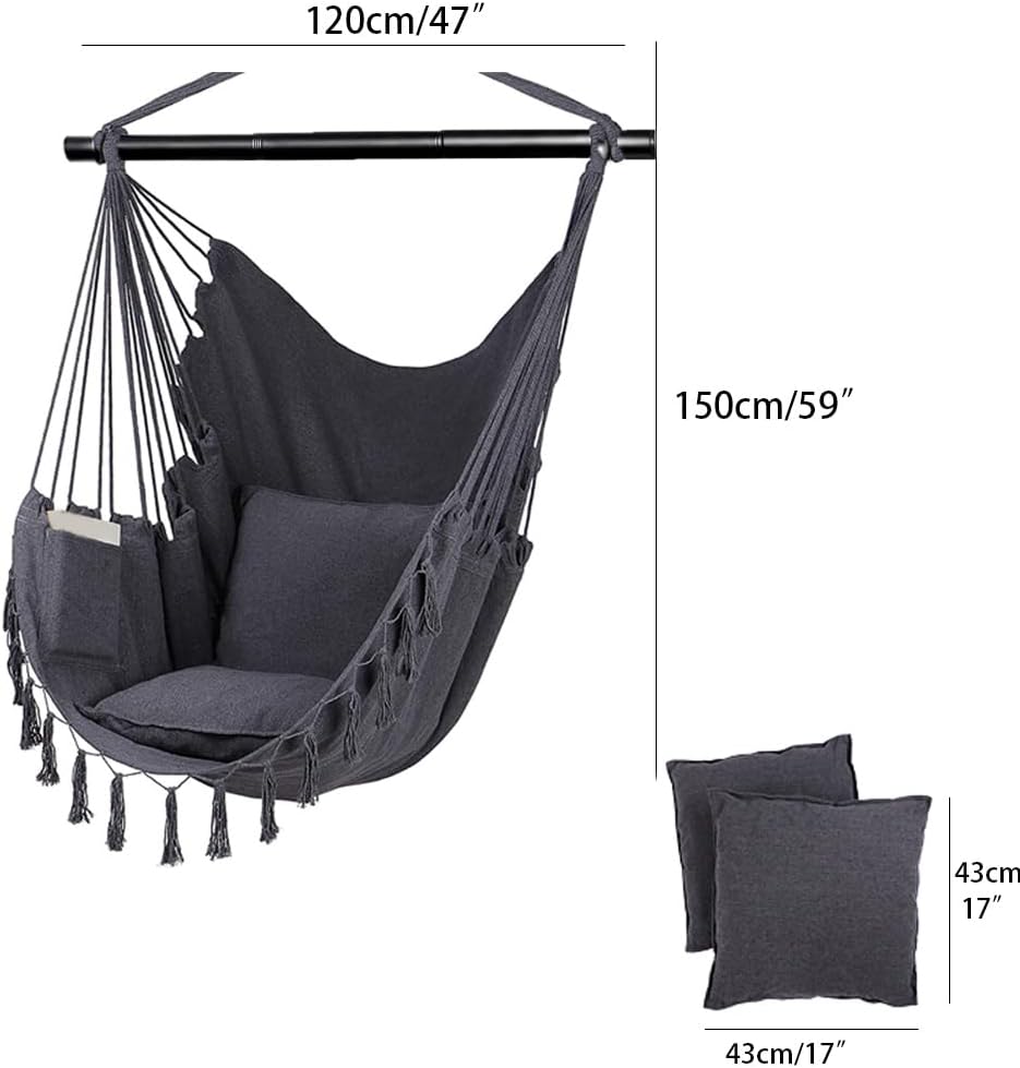 Klhamky Silla hamaca de 59 x 47 pulgadas con kit de accesorios para colgar, color beige, lona de algodón, incluye y dos cojines de asiento, para
